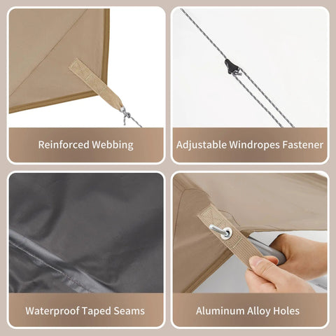 Reinforced webbing and taped seams on Beefy Heavy Duty Camping Tarp Canopy With Poles, Waterproof 18000mm Rain Shelter