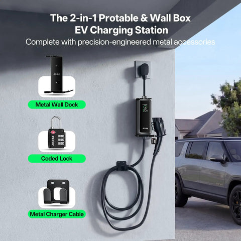 Level 2 EV Charger With WiFi App, 32A J1772, 25Ft Extension Cord mounted on wall, includes metal dock, lock, cable