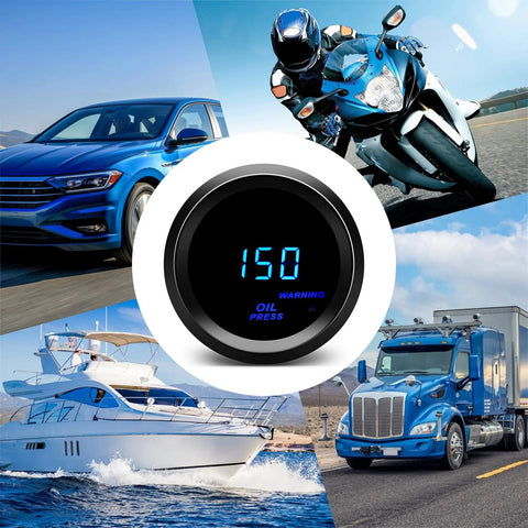 Oil pressure gauge with sender kit, 2-inch black dial with blue LED display for 12V vehicles.