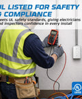 Electrician using multimeter to test Heavy Duty 4x2 Inch Steel Electrical Handy Box Kit, safety compliance UL listed on wall