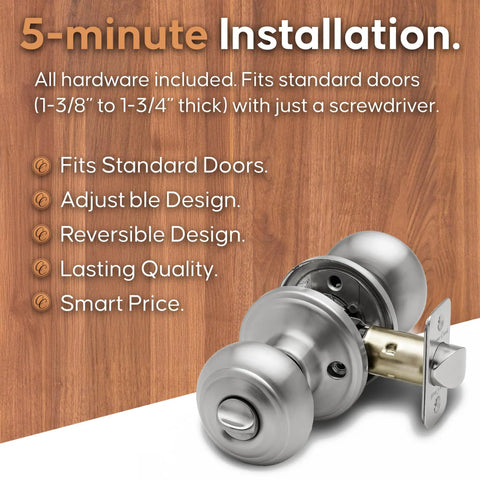Heavy Duty Satin Stainless Interior Door Knob Set With Privacy Button ANSI Grade 3 Certified Easy Five Minute Install shown