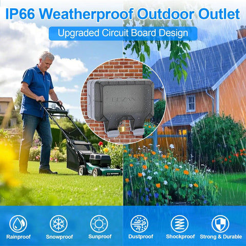 Double Outdoor Electrical Outlet With IP66 Weatherproof Cover, 2-Gang Outdoor Plug Box, Dustproof And Close Enclosed Design For Patios, Gardens, And Decks, Durable Waterproof Power Source For Wet Environments, mounted on brick wall