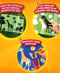 Instructions showing steps to use Sun Paper Art Kit For Kids, STEM Craft Set With Sunlight Printing, Decorative Paper, Animal Stencils And Markers.