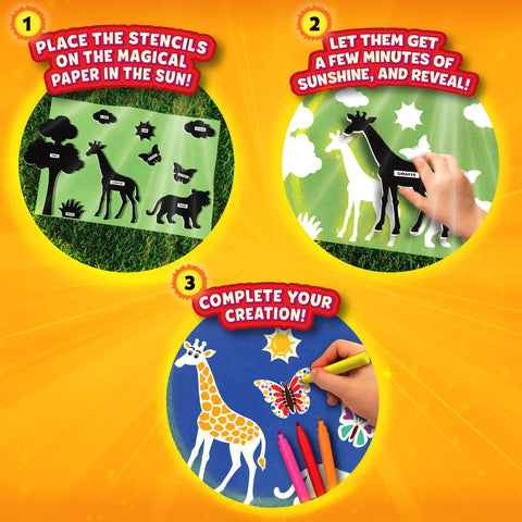Instructions showing steps to use Sun Paper Art Kit For Kids, STEM Craft Set With Sunlight Printing, Decorative Paper, Animal Stencils And Markers.