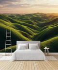 Custom Peel And Stick Wall Mural Featuring Lush Green Meadow Scene in bedroom, 430x300cm waterproof matte finish, easy DIY decor.