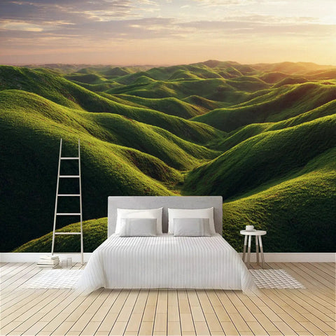Custom Peel And Stick Wall Mural Featuring Lush Green Meadow Scene in bedroom, 430x300cm waterproof matte finish, easy DIY decor.