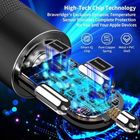 MFi Certified 75W USB C PD And QC Car Charger with high-tech chip technology and protective temperature sensor highlighted