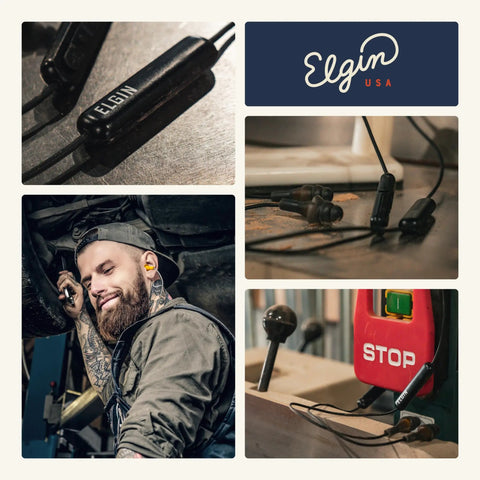 Collage of Ruckus Wireless Bluetooth Earbuds With 25 dB Noise Reduction And Noise Cancelling Mic in industrial setting