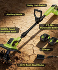 21V Cordless Tiller Cultivator With Two Batteries on dry soil, brushless electric garden tiller shown with auxiliary handle and charger