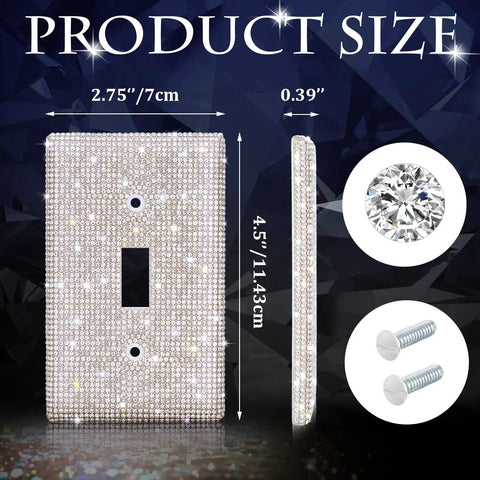 Rhinestone Wall Plate Light Switch Cover Bling Outlet Cover For Bedroom Decor Single Gang Toggle Silver Sparkle Decorative Switch Plate For Modern Homes, showcasing dimensions and rhinestone details.
