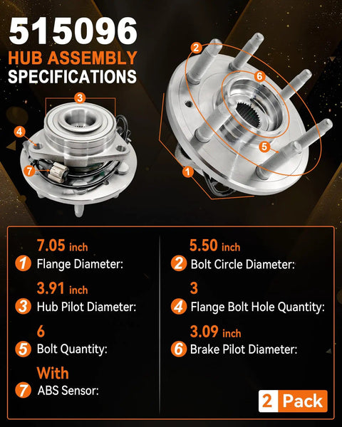 Two Pack Front Wheel Bearing Hub Assembly 515096 with ABS sensor dimensions and specifications chart