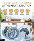 Washer And Dryer Countertop Topper With Anti Vibration Pads And Curved Edge Rails Must Have Space Saver Premium Bamboo Surface In Dark Walnut 54 Inch Wide Laundry Room Organizer Fits Most Front Load Washers And Dryers installed with folded laundry.
