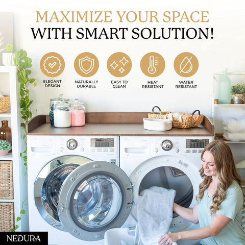 Washer And Dryer Countertop Topper With Anti Vibration Pads And Curved Edge Rails Must Have Space Saver Premium Bamboo Surface In Dark Walnut 54 Inch Wide Laundry Room Organizer Fits Most Front Load Washers And Dryers installed with folded laundry.