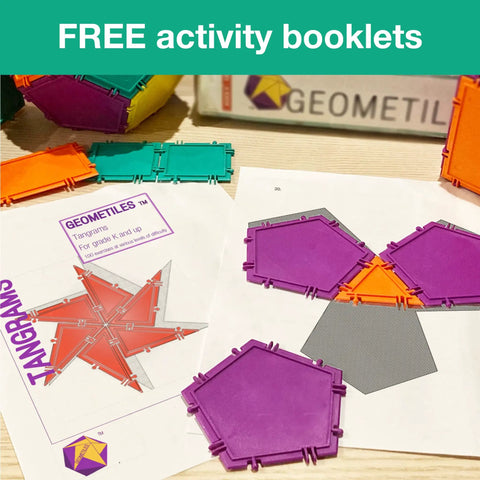 FREE activity booklets with 3D Math Building Set With Snap Together Tiles And Online Activities, 96 Piece STEM Learning Kit For Kids And Adults, Made In USA