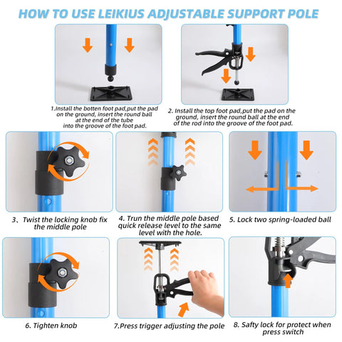 Leikius 2-pack adjustable steel cabinet jacks with blue poles and black clamps for drywall lifting