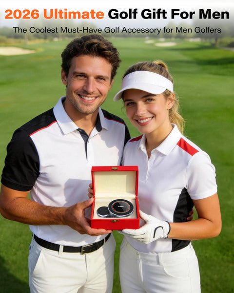Smiling golfers holding a red box with a Fold Magnet Golf Cart Phone Holder With Rangefinder Mount Aluminum Alloy 2 In 1 Accessory.