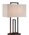 Farren Table Lamp With Built In Dual Outlets, Dark Bronze Metal Frame And Rectangular Off White Fabric Shade, 26.5 Inch Tall