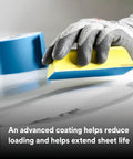 Gloved hand using Stikit Blue Abrasive Sheet Roll 320 Grade No Hole 2 3 4 In X 45 Yd Automotive Sanding Paper For Coating Removal