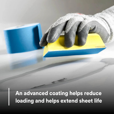 Gloved hand using Stikit Blue Abrasive Sheet Roll 320 Grade No Hole 2 3 4 In X 45 Yd Automotive Sanding Paper For Coating Removal