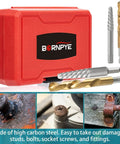 15 Piece Screw Extractor Set With Left Hand Reverse Drill Bits in red case, drill bits and extractors visible