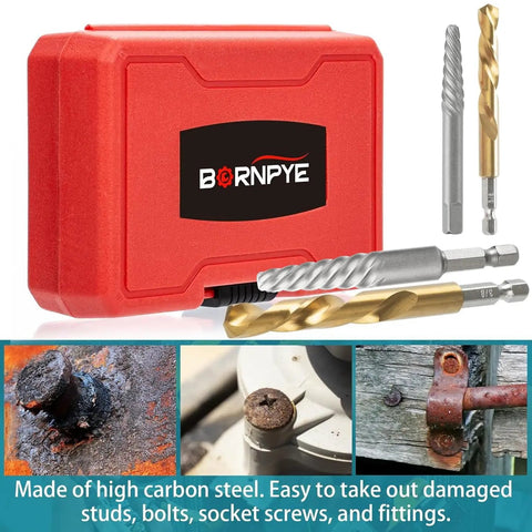 15 Piece Screw Extractor Set With Left Hand Reverse Drill Bits in red case, drill bits and extractors visible