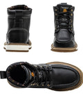 Waterproof Steel Toe Work Boots For Men, 6 Inch Leather Moc Toe, Black, Size 9, front, back, and top views with durable design