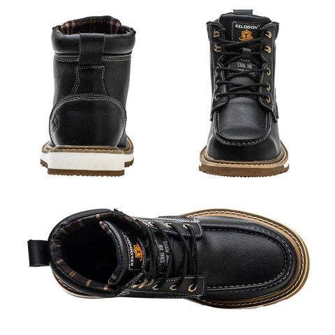 Waterproof Steel Toe Boots For Men 6 Inch Leather Moc Toe Work Shoes With Non Slip Grip Durable Construction Safety Footwear For Job Sites Black Size 11.