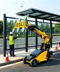 Mobile Hydraulic Vacuum Glass Lifter Straight Up Heavy Duty Panel Handler Job Site Ready lifting glass panel at construction site.