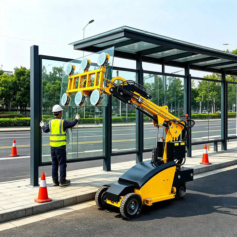 Mobile Hydraulic Vacuum Glass Lifter Straight Up Heavy Duty Panel Handler Job Site Ready lifting glass panel at construction site.