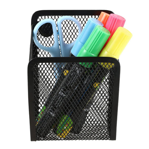 Magnetic Pencil Holder Mesh Stainless Steel Pen Basket Storage Organizer For Whiteboards And Blackboards with markers and scissors inside.