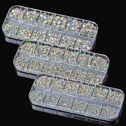 Crystal AB Flatback Hotfix Rhinestones Set 6500 Pieces in 6 Sizes in clear boxes with tweezers and picking pen for crafts