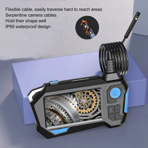 Dual Lens HD Inspection Camera With Bright 4.5 Inch Screen showing flexible cable and screen detailing internal mechanisms.