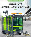 Heavy Duty Industrial Ride On Floor Sweeper Machine For Warehouses And Factories with dual brushes and bright warning lights.