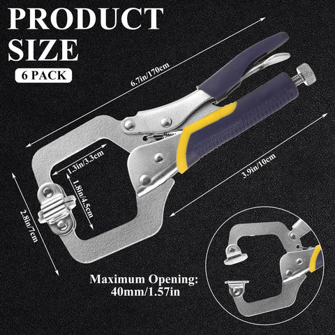 Six Pack 6 Inch Locking C Clamp Pliers Set Heavy Duty Pro Grade Welding Clamps With Adjustable Jaws Built To Last Regular Tip And Swivel Pad For Shop Home Farm Auto Workshop Woodworking Cabinetry And Repairs, 6-inch steel clamp