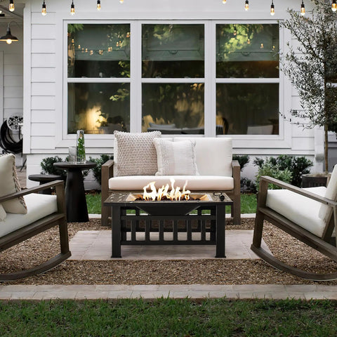 32 Inch Fire Pit Table Metal Outdoor Fire Pit With Waterproof Cover For Patio And Camping Black 3 In 1 Design in backyard setting