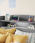Twin Size Pine Wood Bed With Built In Bookcase Headboard Guardrails And Led Motion Sensor Light Gray Finish detail