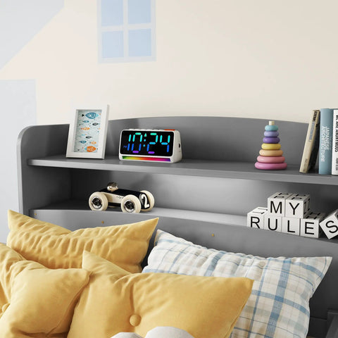 Twin Size Pine Wood Bed With Built In Bookcase Headboard Guardrails And Led Motion Sensor Light Gray Finish detail