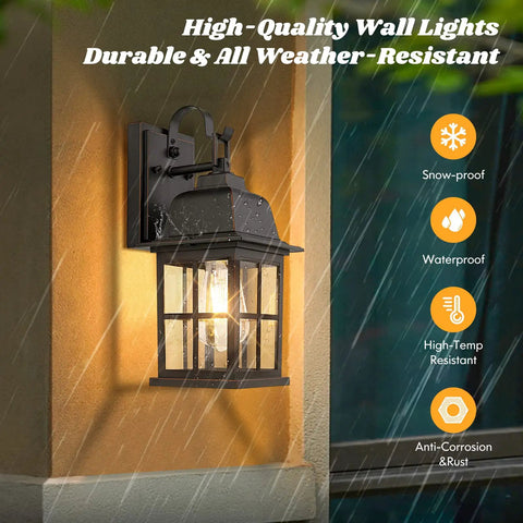Two Pack Outdoor Wall Sconces With Solid Aluminum Oil Rubbed Bronze Finish weatherproof wall mount lantern on exterior wall