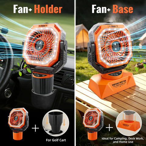 48Hrs Golf Cart Misting Fan 2 In 1 Large Golf Cart And Camping Fan With Cup Holder shown in holder and base modes