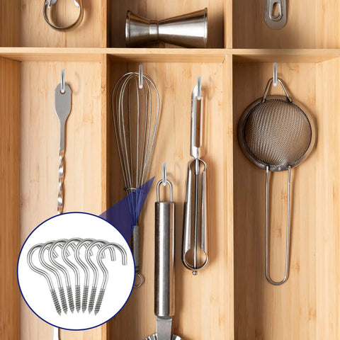 Ten Pack Tough As Nails 304 Stainless Steel Screw Eye Hooks Two Point Five Inch displayed with kitchen tools in a wooden organizer.