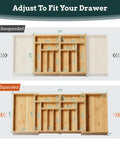 Expandable Magnetic Connected 13 Slot Silverware Drawer Organizer With Adjustable Length From 21 To 37.4 Inches Bamboo Utensil Tray For Kitchen Space Saving Organization showing unexpanded and expanded views with measurements.