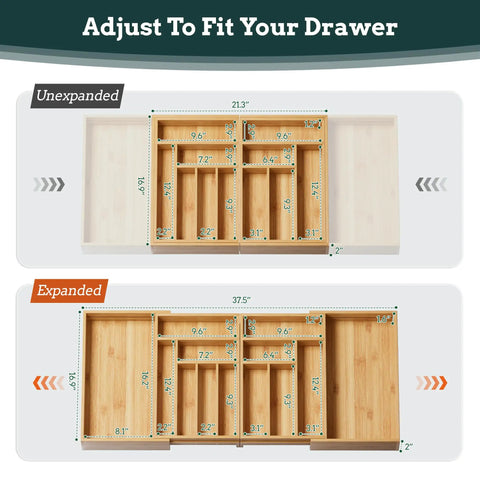 Expandable Magnetic Connected 13 Slot Silverware Drawer Organizer With Adjustable Length From 21 To 37.4 Inches Bamboo Utensil Tray For Kitchen Space Saving Organization showing unexpanded and expanded views with measurements.