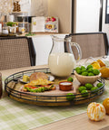 Slick Sixteen Inch Round Wooden Lazy Susan Turntable Organizer holding breakfast items on a kitchen table.