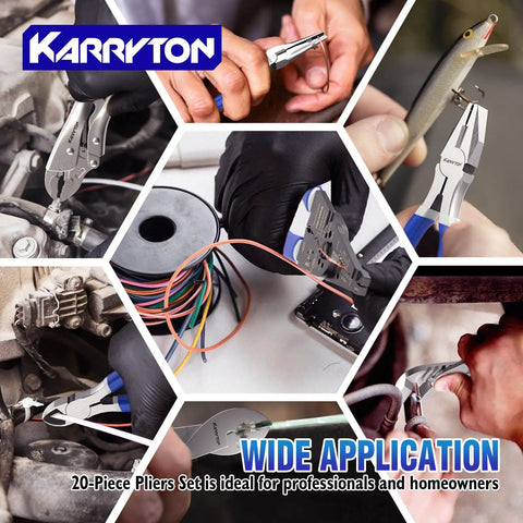 Versatile 20 Piece Pliers Set With Black Carry Case, shown in use gripping and cutting wires and components