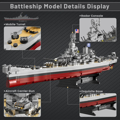 Detail view of Battleship Building Set 60011 Classic Military Missouri Warship Model Kit with mobile turret and radar console.