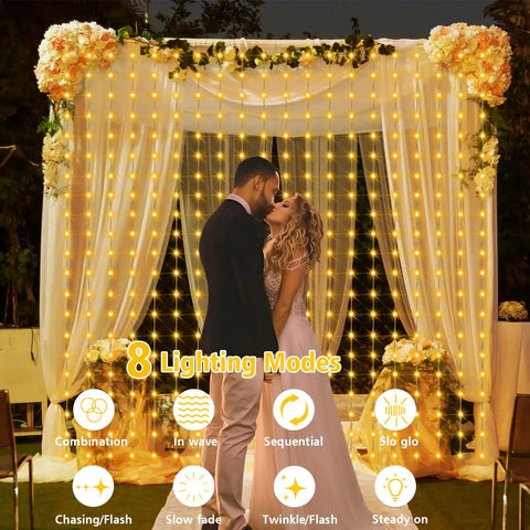 Solar Curtain Lights 7.9 Feet By 6 Feet With 144 LEDs Outdoor Waterproof Fairy String Lights for Wedding Decor