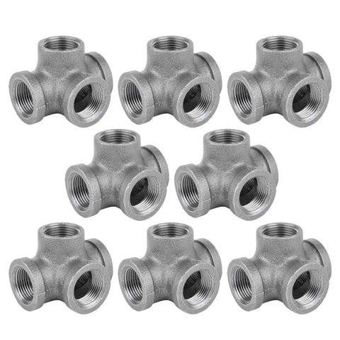 Eight Half Inch Side Outlet Tee Fitting Set For One Half Inch Pipes, Black Malleable Iron Pipe Decor Cast Iron Nipples And Fittings