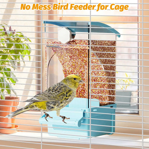 Foolproof Transparent Bird Feeder With Sturdy Perch, Spill Proof Acrylic Cage Food Container For Budgies Cockatiels And Parakeets, Hassle Free No Mess Daily Feed Dispenser Blue with a bird perched on it.