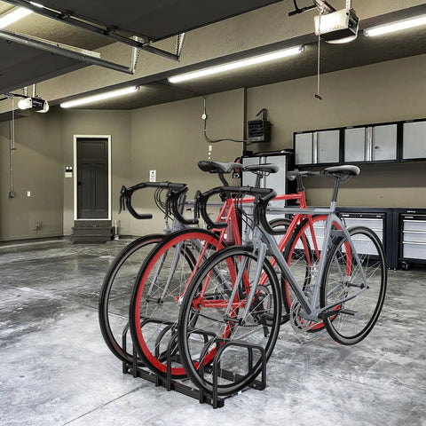 Three Bike Floor Stand For Garage And Home, No Fuss Parking Rack For Indoor Outdoor Storage, Fits 22 To 28 Inch Wheels