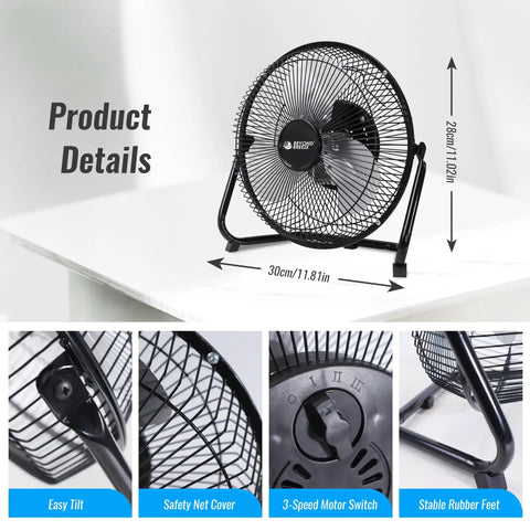 9 Inch Floor Fan With 3 Speed Settings, Portable Metal Design, Quiet Operation, 180 Degree Tilt For A Custom Breeze